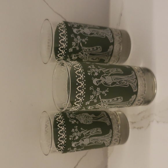 Vintage Set of 3 Libbey Geisha Girl Tumblers Green Flower Festival - Picture 3 of 7